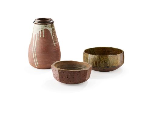  JANET LEACH (BRITISH 1918-1997) VASE AND TWO BOWLS each with impressed maker's seal and two with Leach Pottery seals, glazed