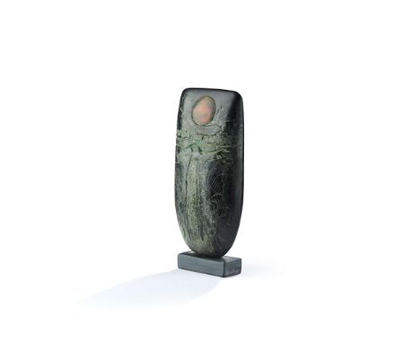  PETER HAYES (BRITISH B. 1946) BOW WITH COPPER DISC signed to the slate base, raku on slate base 24cm high, 10.5cm wide (9 ½i