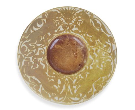  WILLIAM DE MORGAN (BRITISH 1839-1917) YELLOW LUSTRE PLATE, CIRCA 1880 impressed marks, painted and glazed earthenware 30cm d