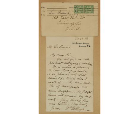  WILLIAM DE MORGAN (1839-1917) SIGNED AUTOGRAPH LETTER, 1912 to a Mr Lee Burns of Indianapolis, responding to a request for a