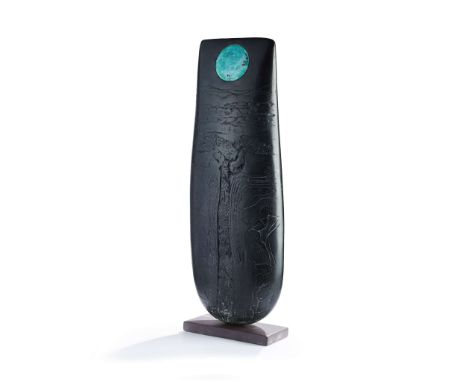  PETER HAYES (BRITISH B. 1946) LARGE BOW WITH COPPER DISC signed to base, raku on slate base 67.5cm high, 23cm wide (26 ½in h