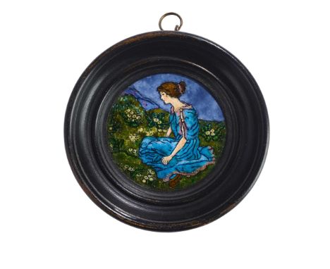  ENGLISH, MANNER OF KATE EADIE ARTS & CRAFTS ENAMEL ROUNDEL, CIRCA 1910 enamel on copper, framed 12cm diameter including fram