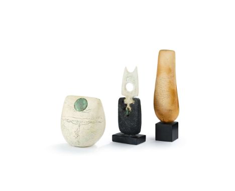  PETER HAYES (BRITISH B. 1946) BOW WITH COPPER DISC signed, raku, 13cm high, 12cm wide (5 1/8in high, 4 ¾in wide); together w