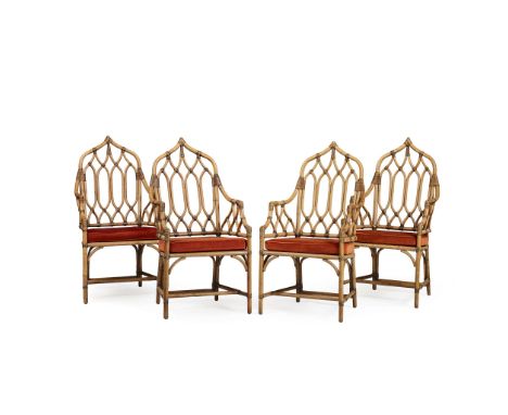  ANGRAVE'S, THURMASTON, LEICESTER SET OF 'TERRACE' GARDEN FURNITURE, CIRCA 1930 bamboo and cane, with later upholstered cushi