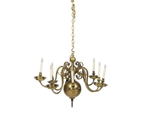  17TH CENTURY DUTCH STYLE EIGHT LIGHT CHANDELIER, 19TH CENTURY brass, later fitted for electricity 90cm diameter, 67cm high (