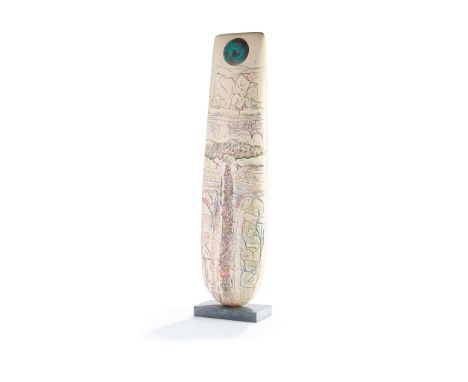  PETER HAYES (BRITISH B.1946) LARGE BOW WITH COPPER DISC signed to the base, raku on slate base 84.5cm high, 20.5cm wide (33 