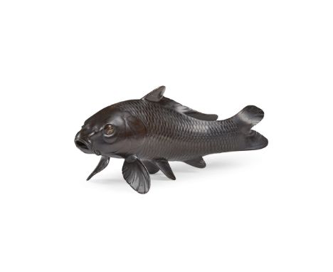  ŌSHIMA JOUN (JAPANESE 1858-1940) OKIMONO OF A CARP 大島如雲 鑄銅金象嵌鯉魚置物finely cast as a swimming carp, the lower fins supporting t