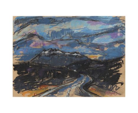  ROSS RYAN (SCOTTISH B.1974) SKYE ROAD TO CUILLINS signed lower right, pastel and charcoal on paper 29cm x 41cm (11 ½in x 16 