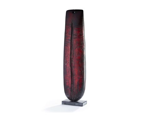  PETER HAYES (BRITISH B.1946) LARGE BOW WITH KEYHOLE signed to base, raku on slate base 83.5cm high, 20.5cm wide (32 ¾in high