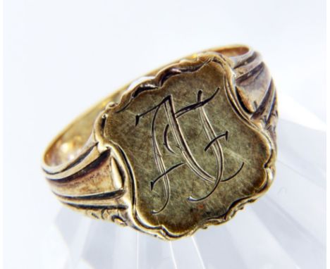 ART DECO RING MIT WAPPENKARTUSCHE UNDMONOGRAMM "A.F." 585/000 Gelbgold. Ringgr. 60, Brutto ca. 5,9g