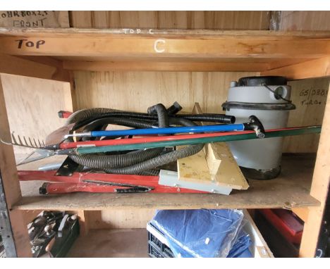 3 x sash clamps, fold up work bench, garden tools, also a Wet 'N' Dry vacuum and blower with attachments. (4) 