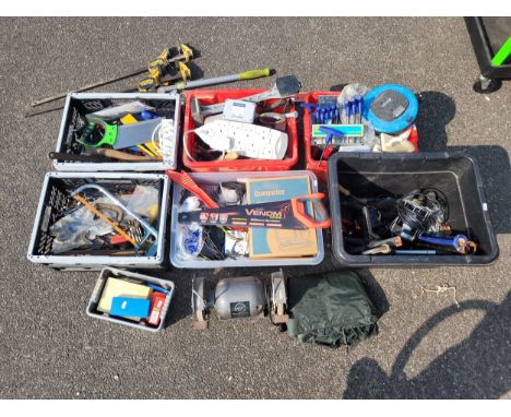 Plastic tubs containing various hand tools to include spanners, sockets and clamps, also various consumables to include elect