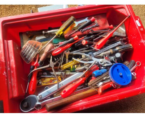 Plastic tub containing a selection of hand tools to include spanners, screwdrivers and allen keys. 