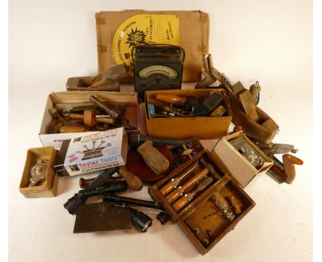 A collection of early 20th century and later carpenters hand tools in three boxes, together with a selection of brass blow to