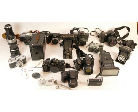 A collection of mixed cameras and accessories to include a Canon AV1, a Canon EOS 1000F and an Olympus 35RC 