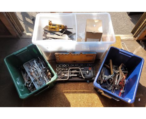 2 boxes of various hand tools to include spanners, saws, screwdriver and sockets. 