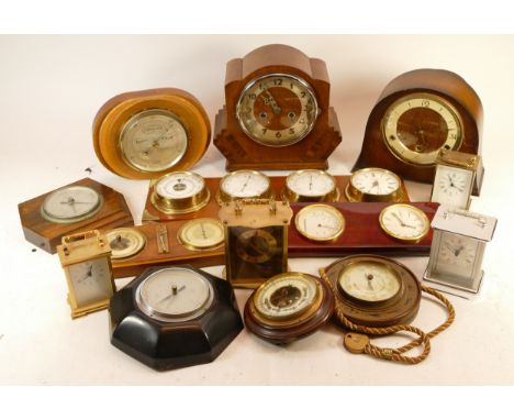 A collection of mid 20th century and later mantel clocks, wall clocks and barometers, having manual and quartz movements. (3)