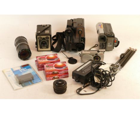 A collection of mixed cameras, video camcorders and accessories to include an Olympus Camedia digital, and a Brownie Six-20 M