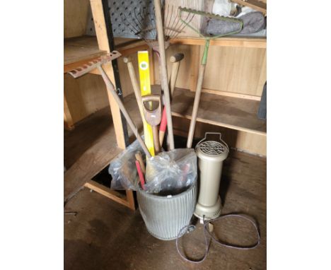 A galvanised dolly tub containing various garden tools, 2 pair of stilson grips, also a Belling 240v greenhouse heater.  (2) 