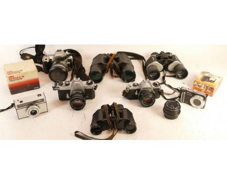 A collection of mixed cameras, binoculars and accessories to include a Minolta 505si, a Pentax ME and Vivitar binoculars 