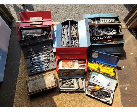 Three small metal tools boxes containing a selection of hand tools to include a tap and die set. Also, a plastic tub containi