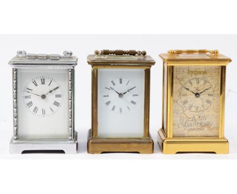 A 20th century French chrome plated carriage clock, having 8 day movement, with key, together with two brass cased examples. 