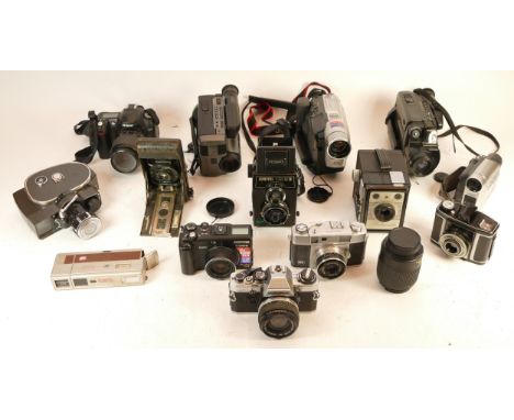 A collection of mixed cameras and accessories to include a Samoca vintage film cameras, a Lubitel 166B and an Olympus OM10 