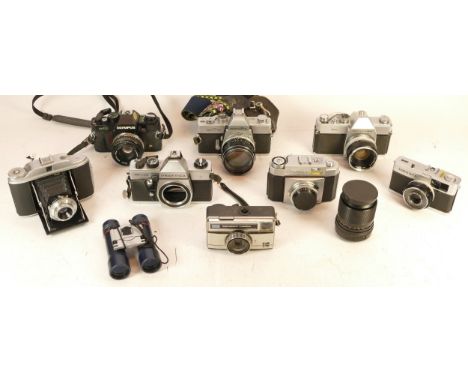 A collection of mixed cameras and accessories to include a Contina, an Olympus OM40 and an Olympus Trip 35 