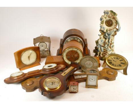 A collection of mid 20th century and later mantel clocks, wall clocks and barometers, having manual and quartz movements. (3)