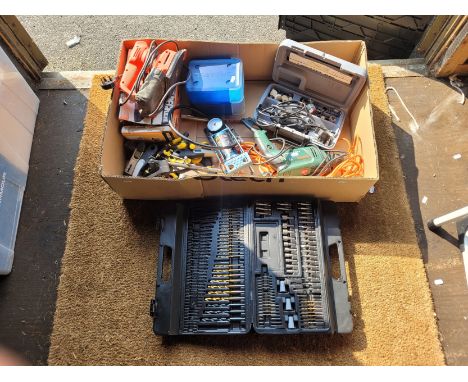 A box of tools to include a Dremel cutter, Black and Decker sander, Performance Power boxed drill set, Bosch 240v hand drill 
