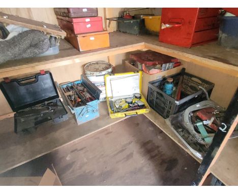 Cardboard box containing hand tools to include spanners, sockets screwdrivers, another plastic tub containing various sized c
