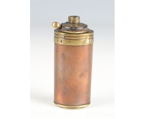 A 19th century Sykes Patent combination pistol powder flask with copper body, brass mounts and circular screw base, probably 