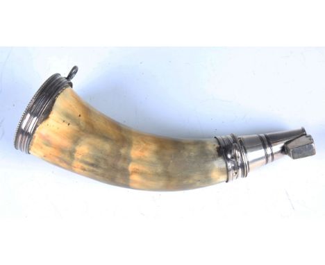 A George III silver mounted military powder horn, the cap end finely engraved '29th Light Infantry GR' with crown bugle, leng