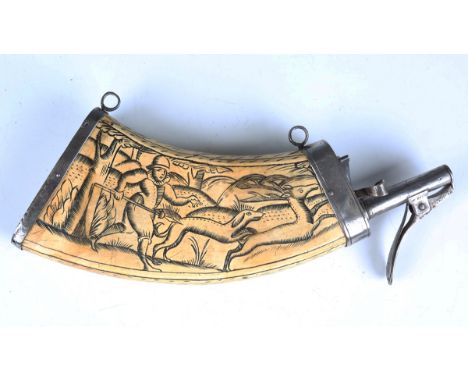 A 17th century Continental powder flask, the horn body engraved and highlighted with a hunting scene of a footman with spear 