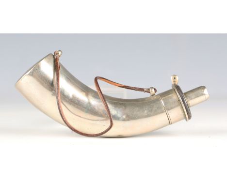 A 19th century Sykes Patent nickel plated horn shaped powder flask with twin suspension loops, length 18cm.Buyer’s Premium 29