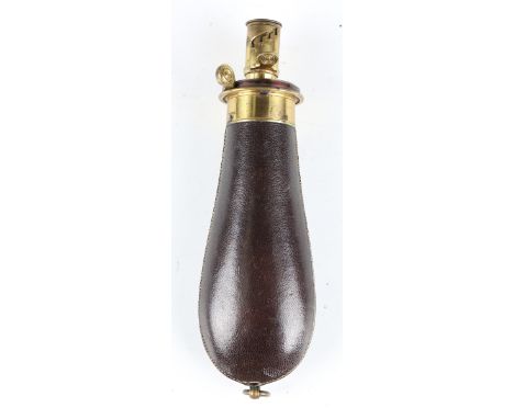 An unusual 19th century gilt brass mounted stitched leather combination powder flask and flip-top measure with bee trademark 