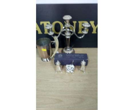 PLATED CRUET SET , HORN HANDLED PLATED CUP & PLATED CANDLE STICK 