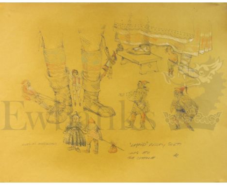 † Legend (1985) Hand drawn costume concept design of 'Imps, Elves at Woodchoppers', 'The Cottage', featuring a collage of num