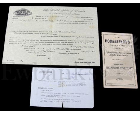 † Far And Away (1992) Prop Homeseeker's Guide and Homestead Certificate. The Homeseeker's Guide folds open to reveal a map of