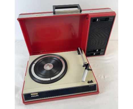 A vintage Phillips 22GF403 portable briefcase style record player with mains lead. 3 speed with new stylus, single speaker an