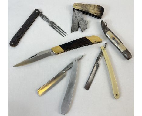 3 vintage penknives/multi tools together with 2 vintage cut throat razors and a Victorian Fleam. Penknives include examples b
