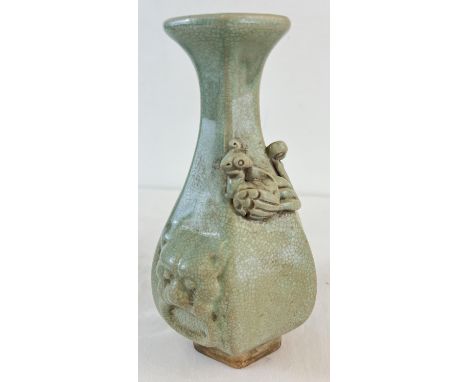 A Chinese jade glazed hexagonal shaped vase with crackle glaze and applied peacock bird detail. Approx. 26.5cm tall. 