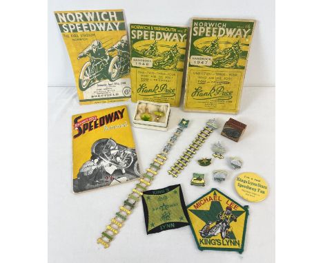A collection of vintage Kings Lynn and Norwich Speedway memorabilia. To include enamel pin badges, programmes from the 1940's