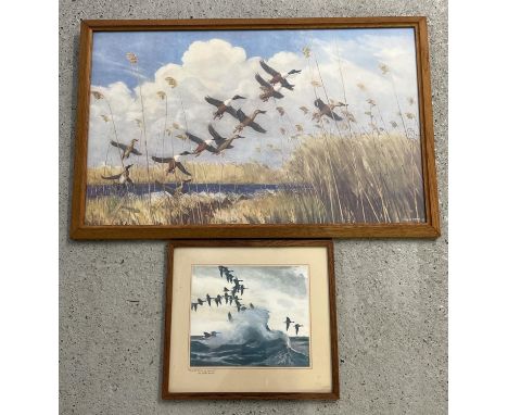 2 vintage 1940's Peter Scott wildfowl prints in period wood frames. 'The Breaking Wave' from 1925, titled in pencil to margin