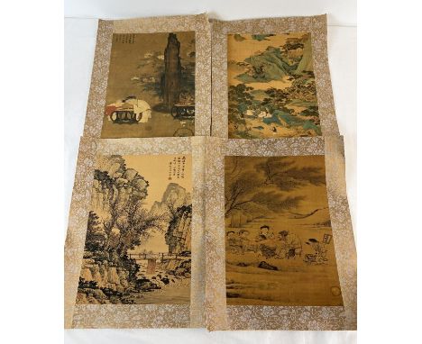 4 Chinese printed figural and mountainous pictures, with gold floral fabric borders. 2 with calligraphy and red seal marks to