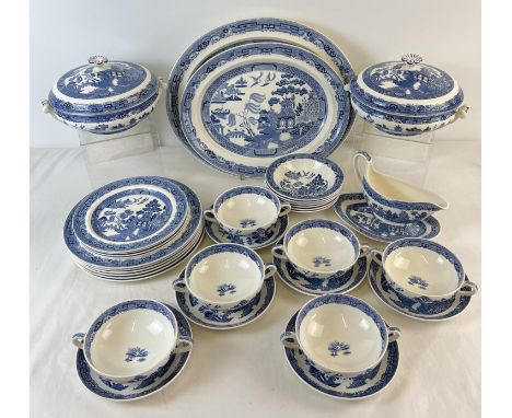A large collection of vintage Wedgwood blue &amp; white willow pattern dinner ware. Comprising: 2 large oval serving/meat pla