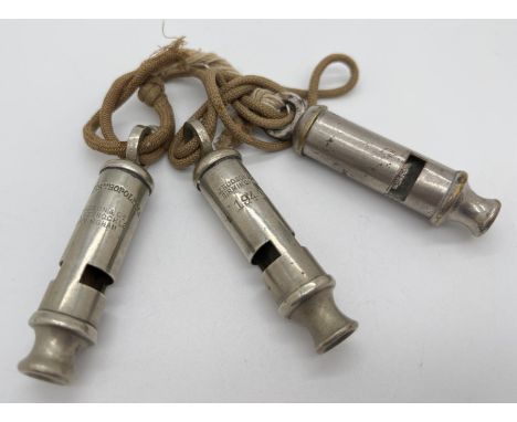 3 vintage metal whistles. To include 1940 J.Hudson &amp; Son, Birmingham and The Metropolitan Whistle by J Hudson Barr Street