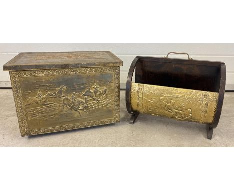 A mid century brass covered fireside/coal box together with an Art Deco wood &amp; brass magazine rack. Coal box brass panels