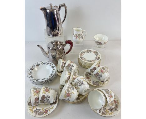 A Wedgwood 12 setting tea set in 'Lichfield' floral design pattern, together with a vintage silver plated tea pot &amp; water