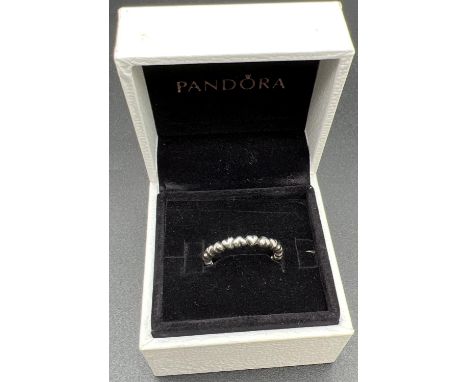 A boxed Pandora bubble heart stacking ring. Marked S925 Ale 52 to inside of band. Size LÂ½. 